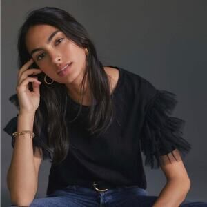 Anthropologie Lea & Viola Black Tulle Sleeve Top size small